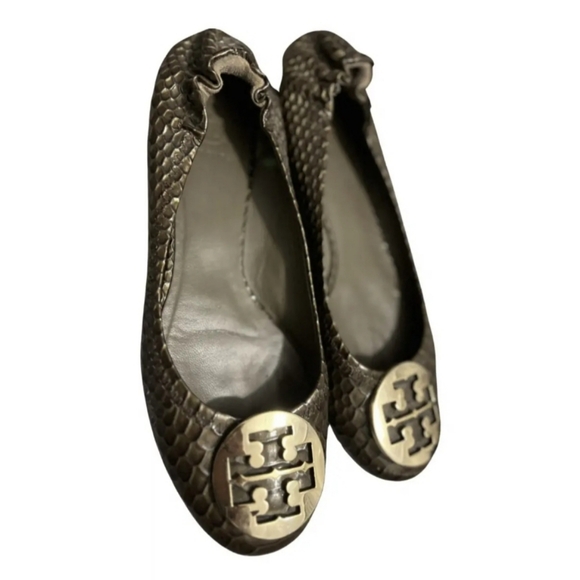Tory Burch Shoes - Tory Burch Dark Green Reva Leather Ballet Flats Snakeskin Women's. Size: 8.